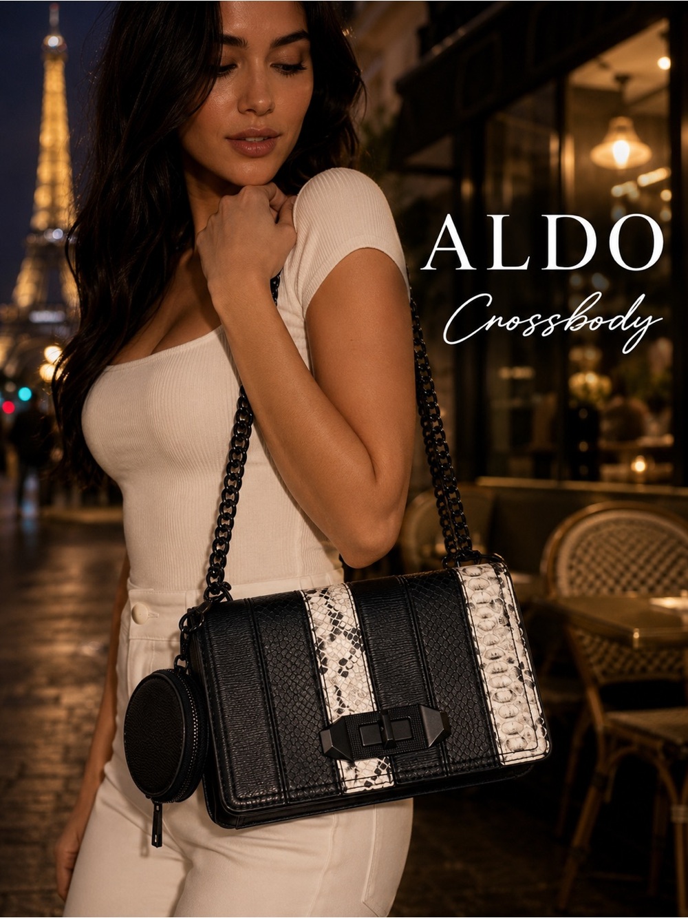 ALDO Black White Snake Print Crossbody Bag w/ Coin Pouch Matte Chain